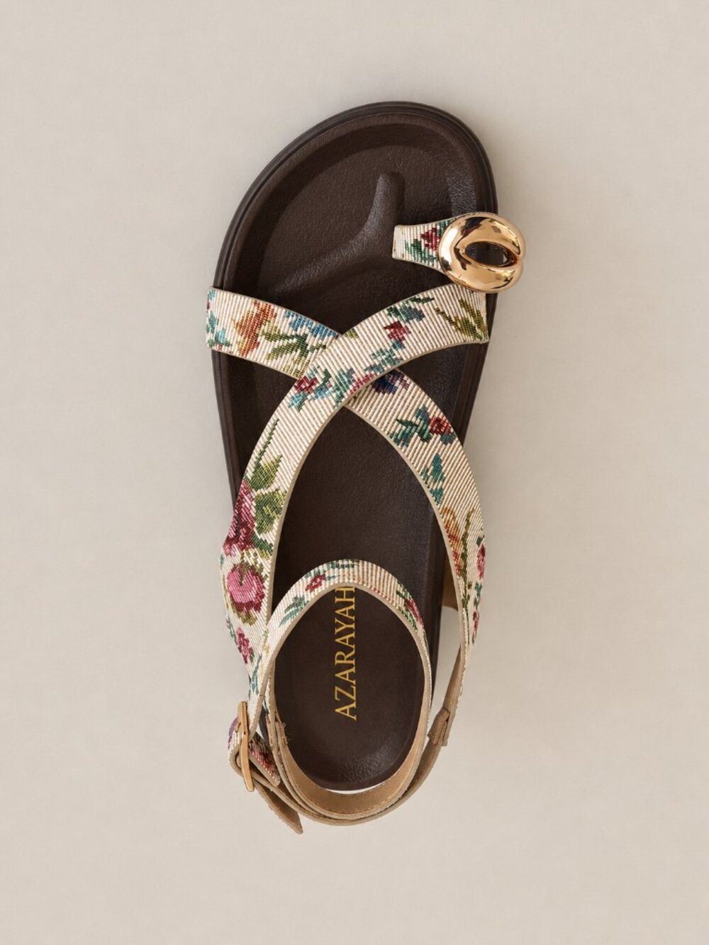 Tapestry Floral Cross-Strap Ankle Strap Toe Ring Flatbed Sandals